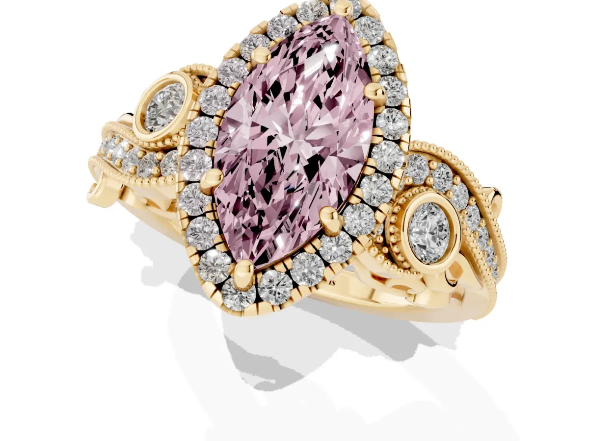 Fancy Pink Marquise Cut Diamond Halo Ring with Milgrain Pavé Band and Four-Prong Setting Yellow gold