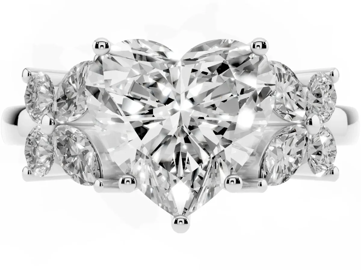 Heart Cut Diamond Floral Cluster Ring with Solitaire Band and Prong Setting Platinum