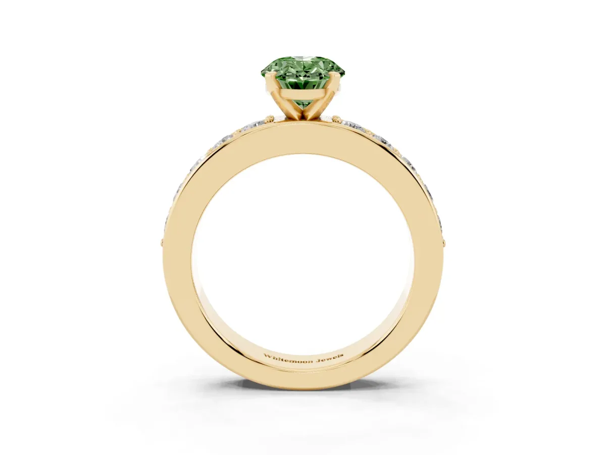Fancy Green Oval Cut Diamond Engagement Ring with Channel Set Round Band and Prong Setting Yellow gold