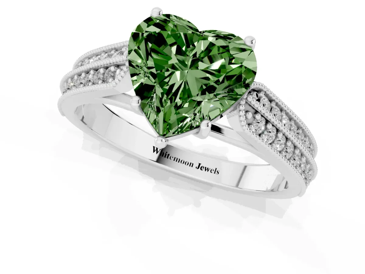 Fancy Green Heart Cut Cut Pave Split Shank Engagement Ring with Four-Prong Setting White gold