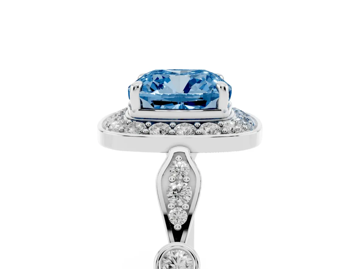 Fancy Blue Cushion Cut Halo Diamond Engagement Ring with Twisted Band and Four-Prong Setting Silver