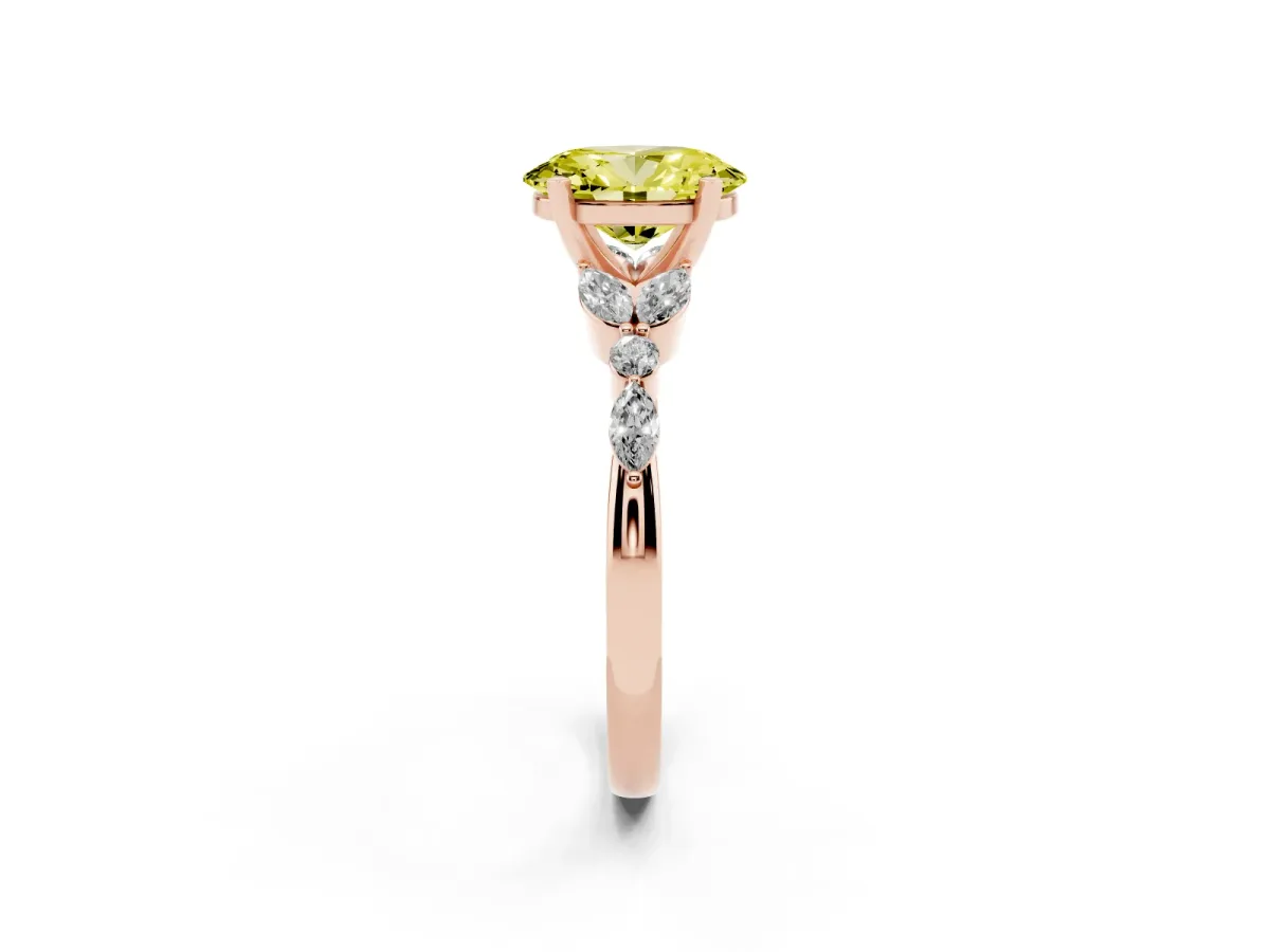 Fancy Yellow Oval Cut Diamond Solitaire Ring with Side Stones and Four-Prong Setting Rose gold