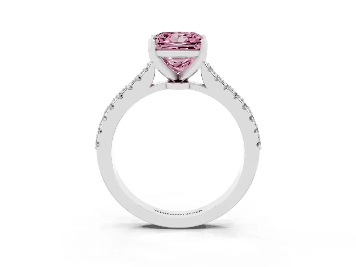 Fancy Pink Princess Cut Cut Solitaire Diamond Engagement Ring with Pave Band and Four-Prong Setting White gold