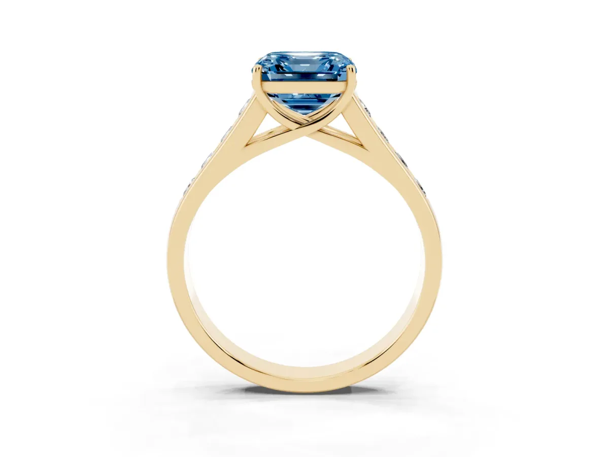 Fancy Blue Asscher Cut Brilliant Channel-Set Solitaire Ring with Four-Prong Setting Yellow gold