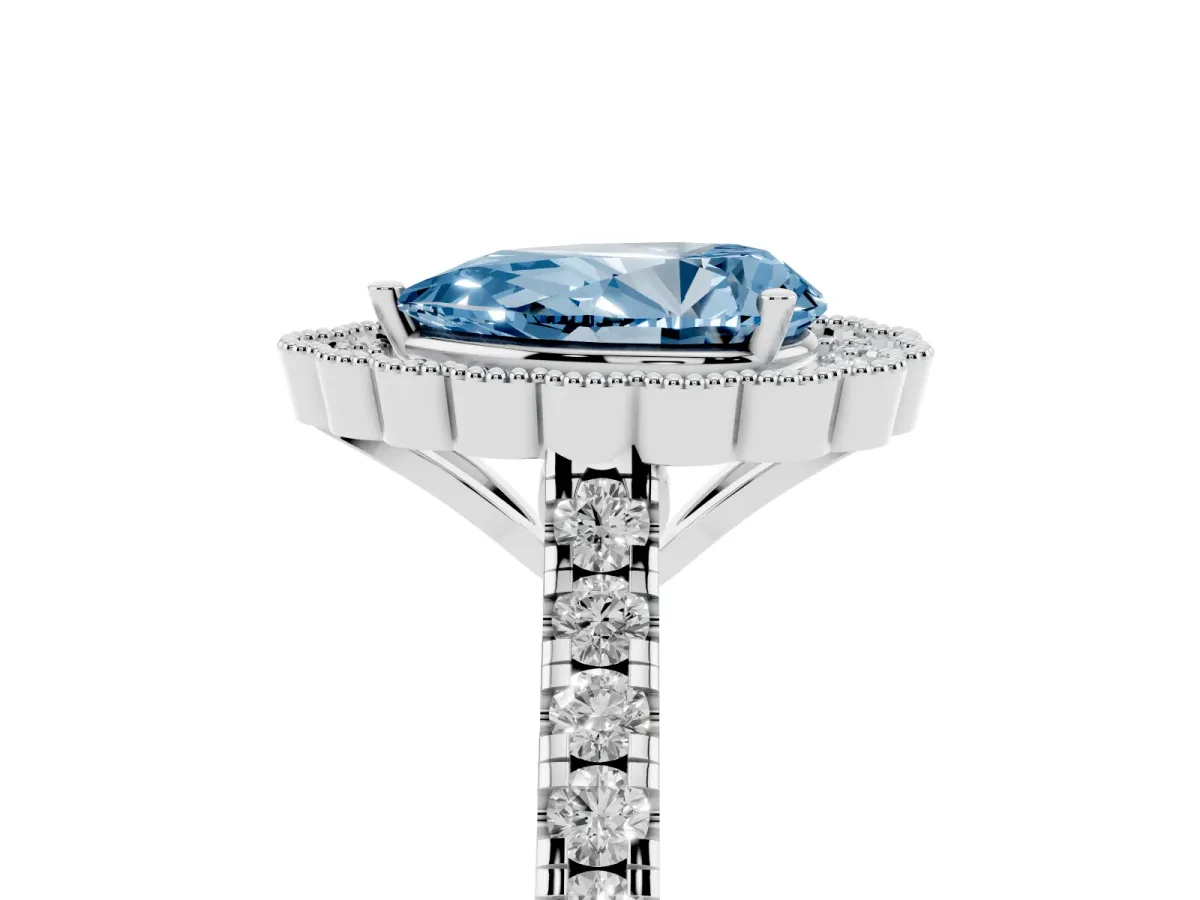 Fancy Blue Pear Cut Cut Diamond Milgrain Floral Halo Engagement Ring with Pavé Band White gold