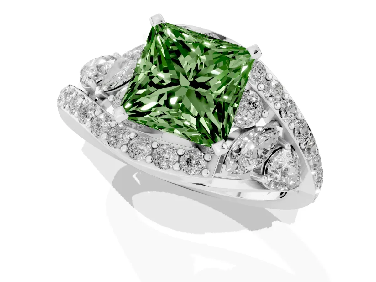 Fancy Green Princess Cut Diamond Halo Ring with Marquise and Pavé Band in Prong Setting Silver