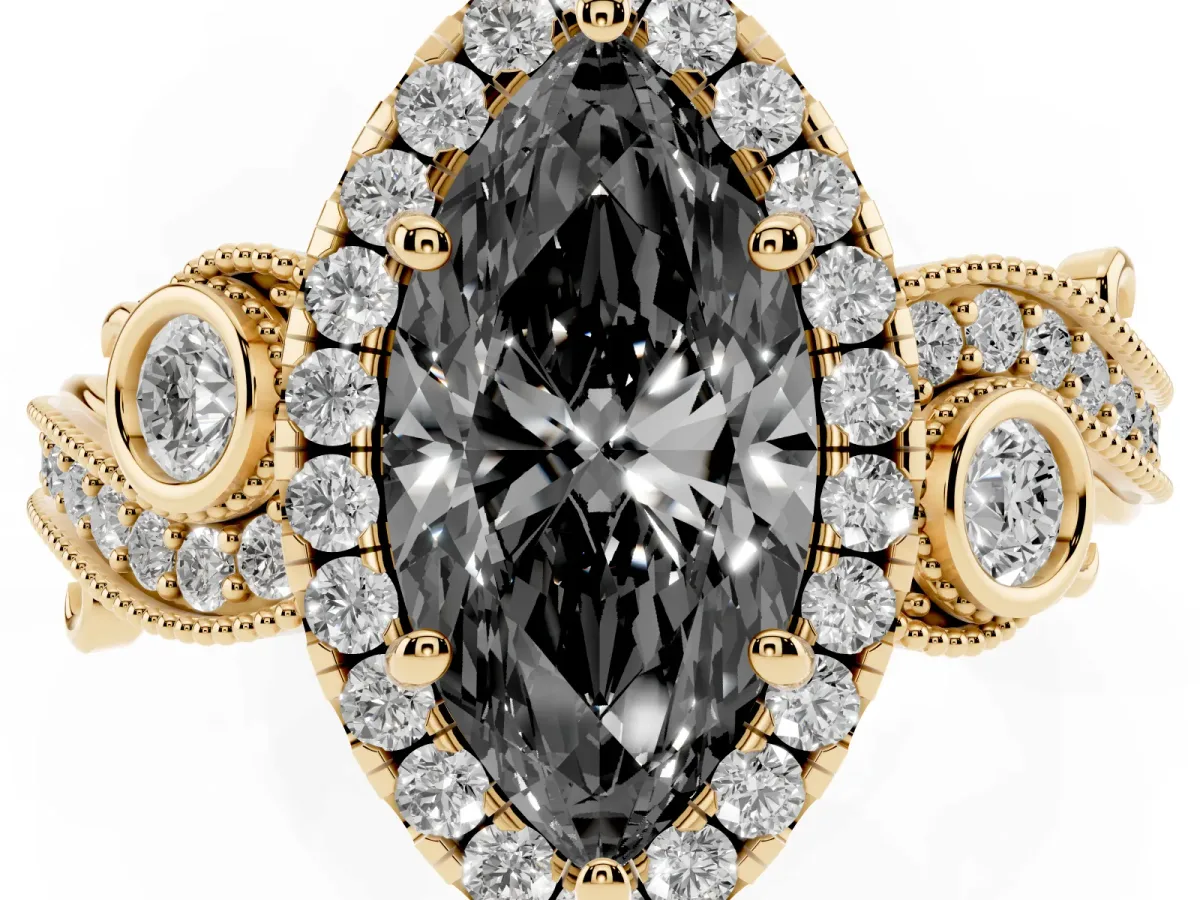Fancy Black Marquise Cut Halo Diamond Ring with Milgrain and Bezel Accents on a Split Shank Band Yellow gold