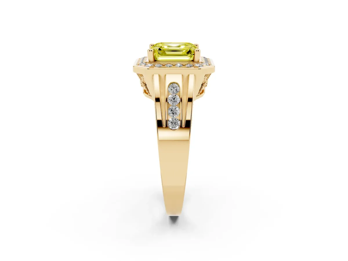 Fancy Yellow Asscher Cut Diamond Halo Ring with Split Shank and Bezel Accents and Prong Setting Yellow gold