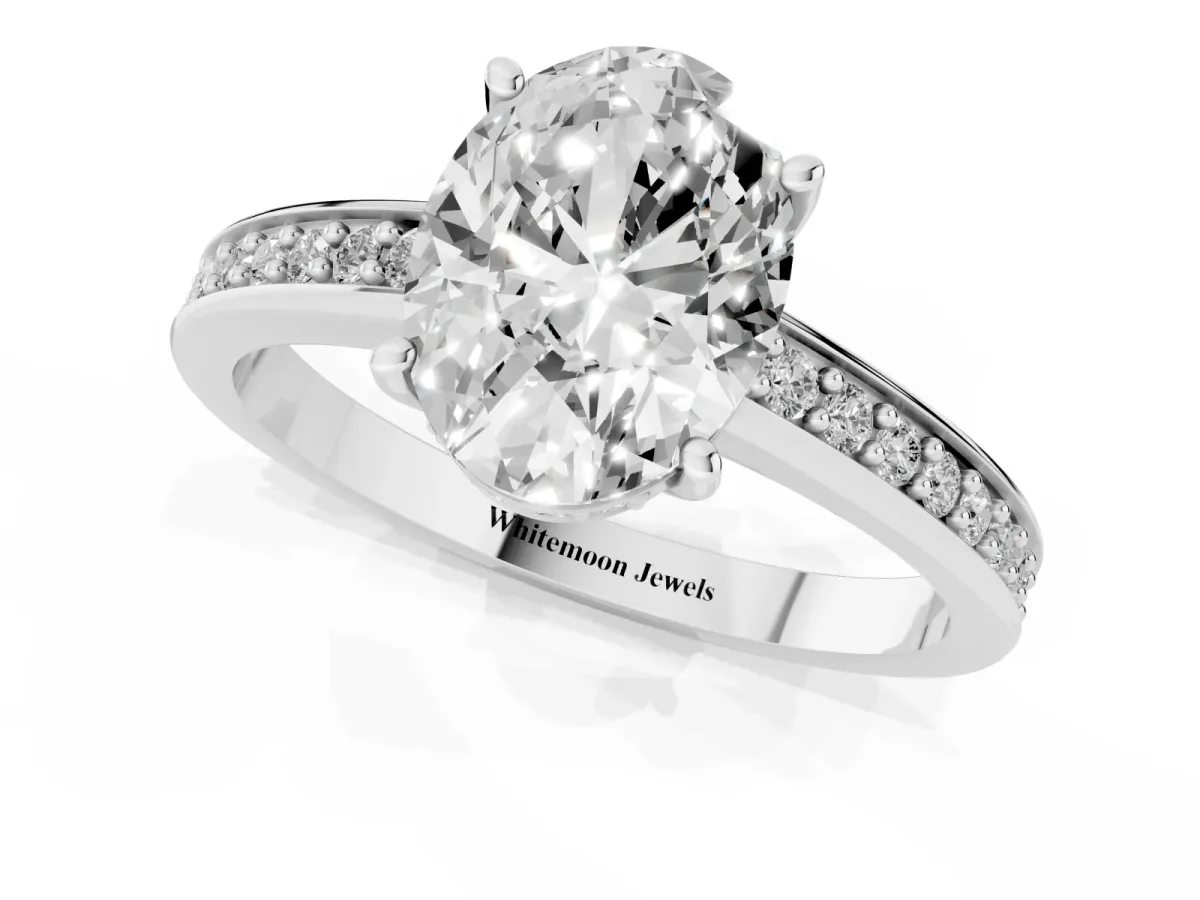 Oval Cut Solitaire Pavé Band Prong Setting Ring Silver