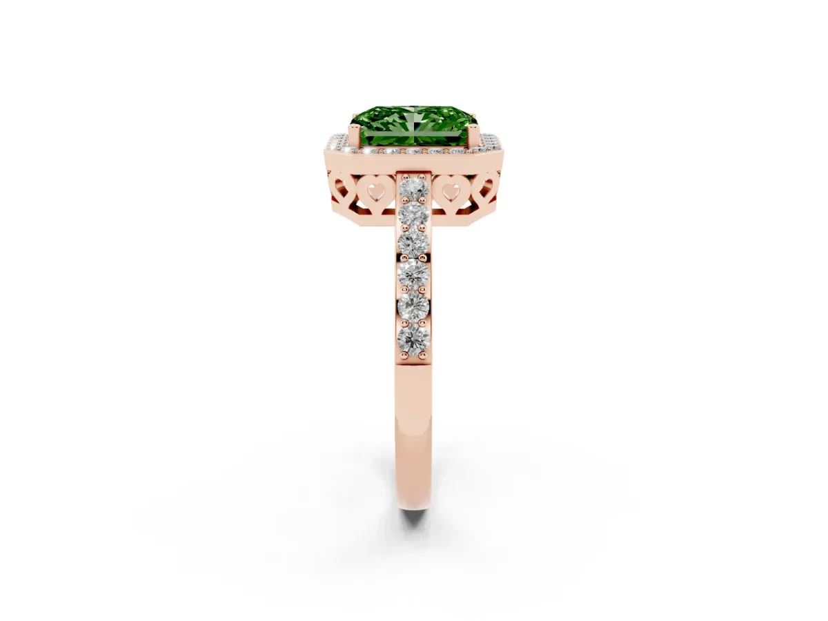Fancy Green Radiant Cut Halo Diamond Pavé Band Ring with Prong Setting Rose gold