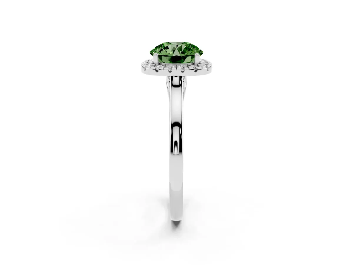 Fancy Green Round Cut Halo Round Diamond Solitaire Ring with Pavé Band and Four-Prong Setting Platinum