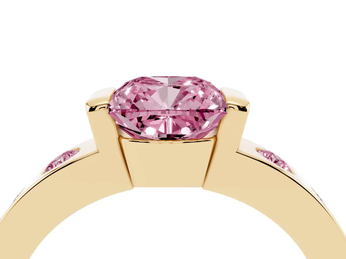 Fancy Pink Cushion Cut Brilliant Channel-Set Diamond Ring with Bezel Prong Setting Yellow gold