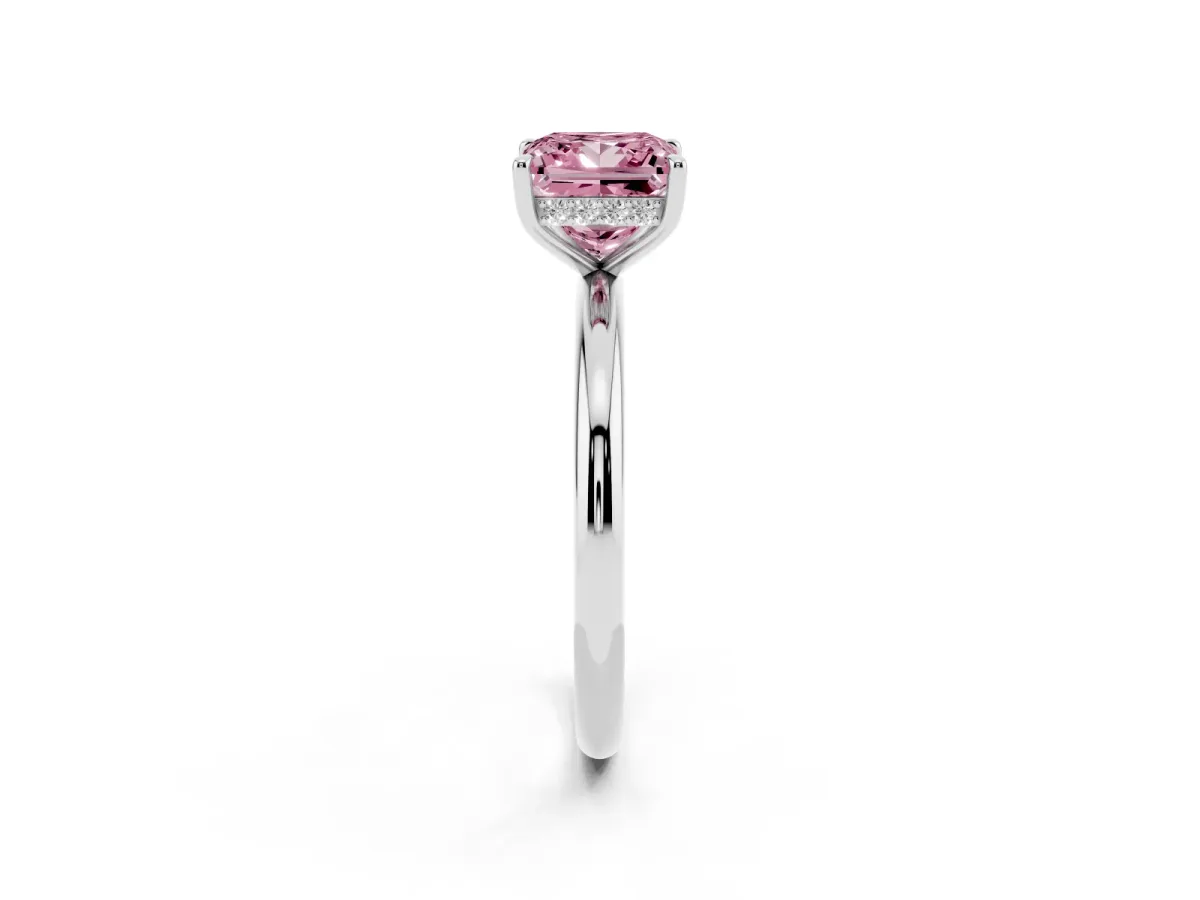 Fancy Pink Princess Cut Diamond Solitaire Ring with Thin Band and Four-Prong Setting Platinum