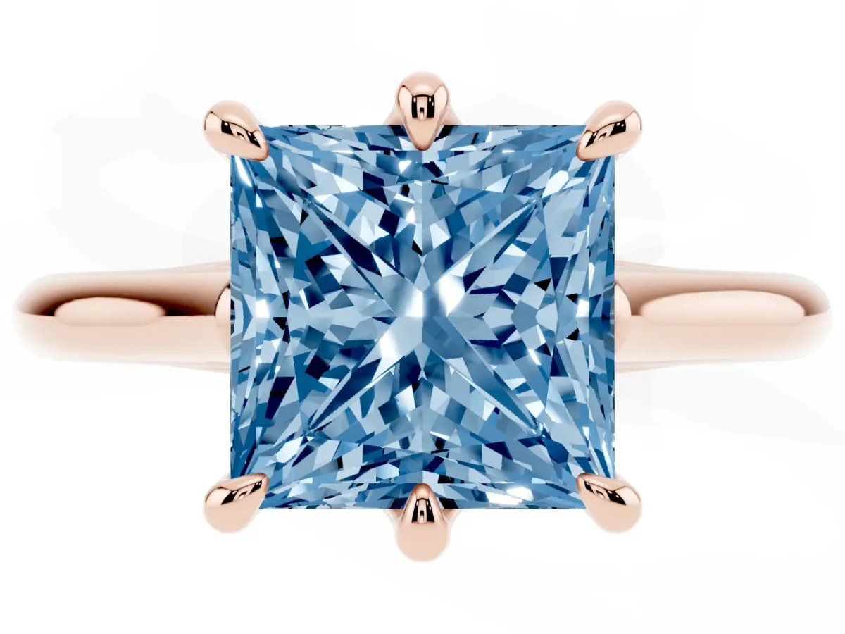 Fancy Blue Princess Cut Solitaire Engagement Ring with Six-Prong Setting and Classic Band Rose gold