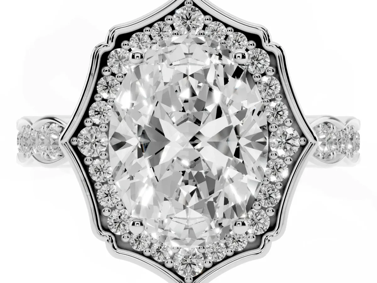 Oval Cut Halo Diamond Engagement Ring with Milgrain Band and Four-Prong Setting Silver