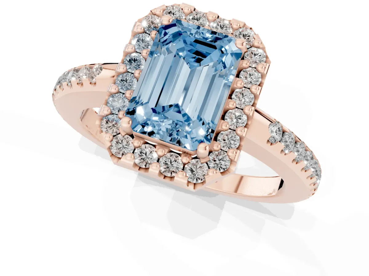 Fancy Blue Emerald Cut Diamond Pavé Halo Ring with Four-Prong Setting Rose gold