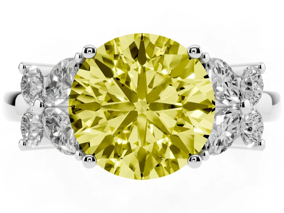 Fancy Yellow Round Cut Diamond Floral Cluster Ring with Solitaire Band and Prong Setting Platinum