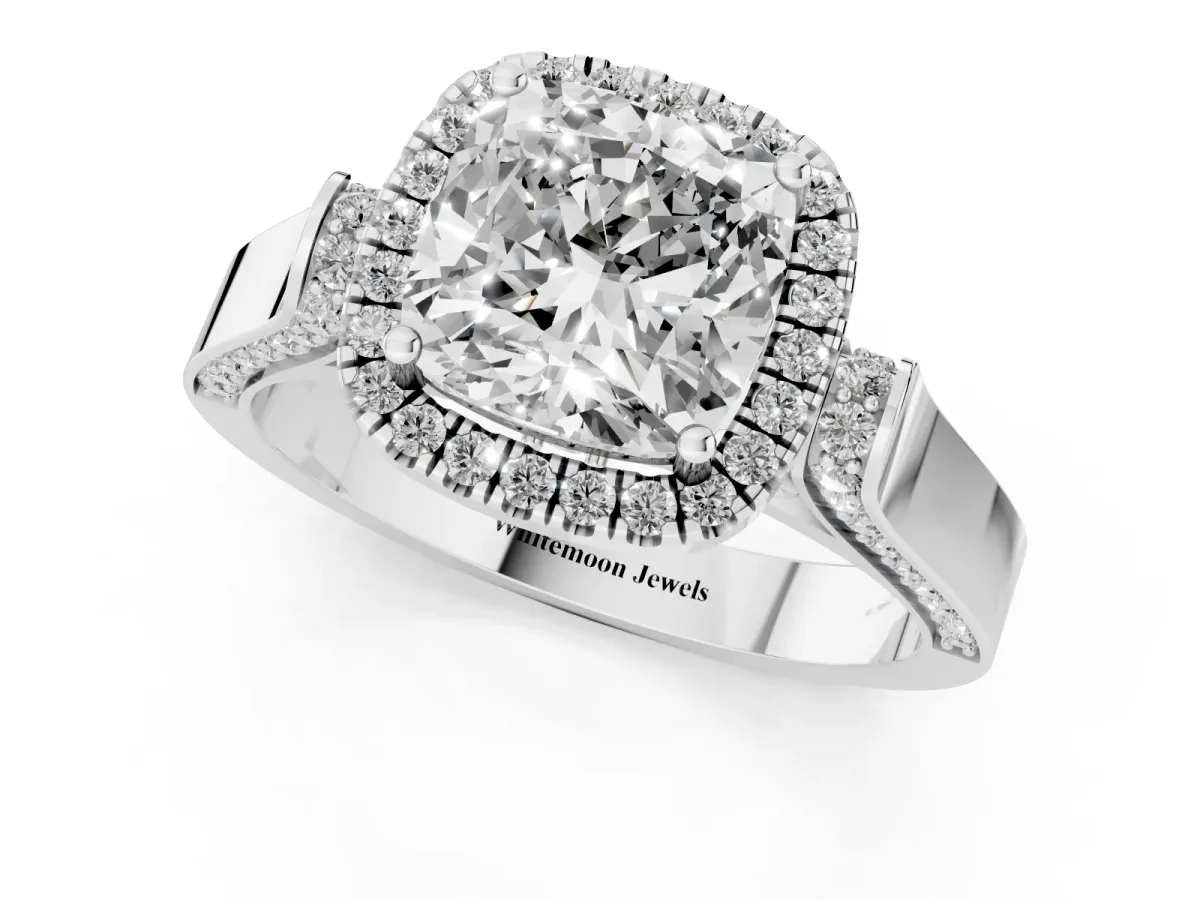 Cushion Cut Halo Pave Split Shank Prong Setting Ring Silver