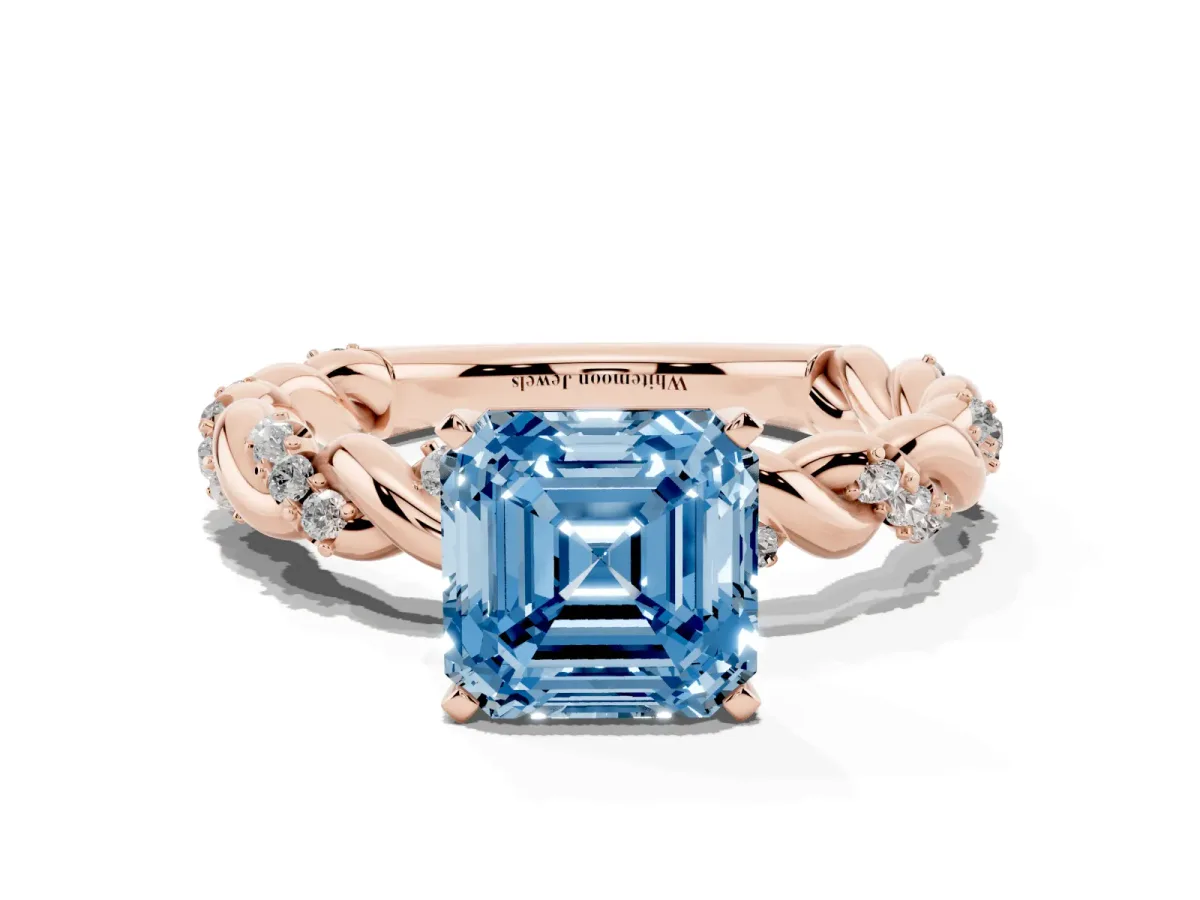 Fancy Blue Asscher Cut Diamond Solitaire Ring with Twisted Band and Pavé Accents Rose gold