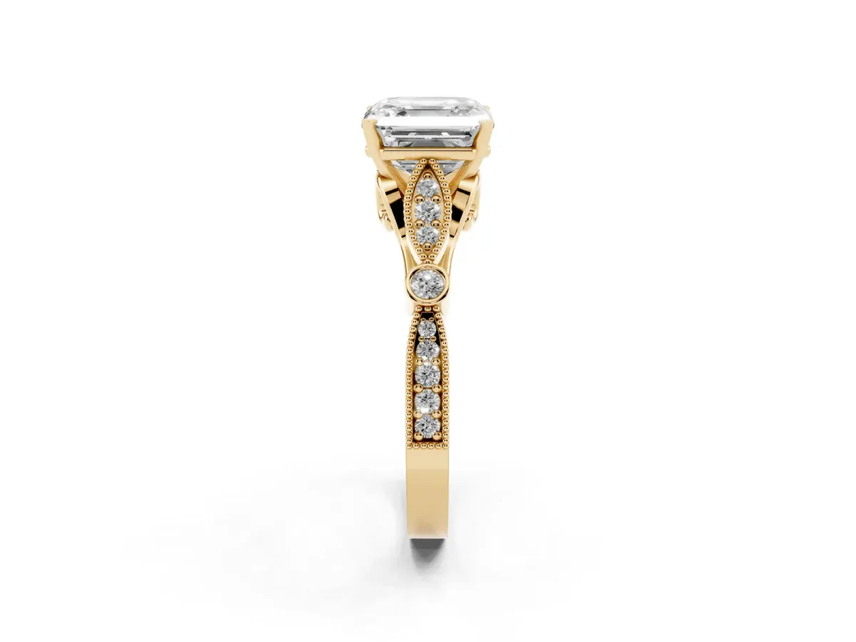 Asscher Cut Cut Diamond with Milgrain Marquise and Bezel Accents on a Solitaire Band with Prong Setting Yellow gold