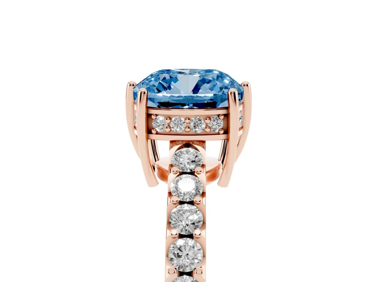 Fancy Blue Cushion Cut Solitaire Diamond Engagement Ring with Pavé Band and Six-Prong Setting Rose gold