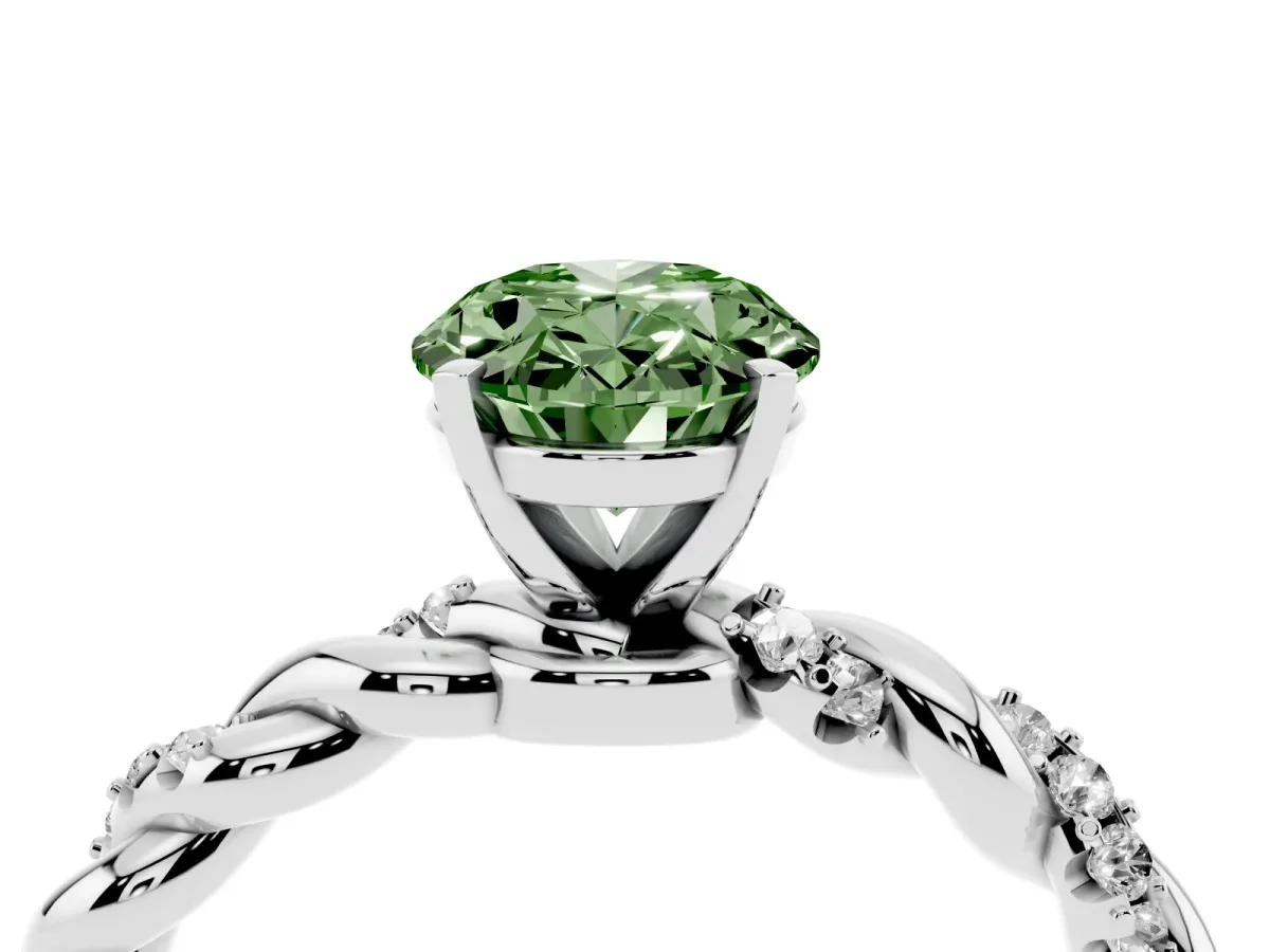 Fancy Green Oval Cut Diamond Solitaire Ring with Twisted Band and Pavé Accents White gold