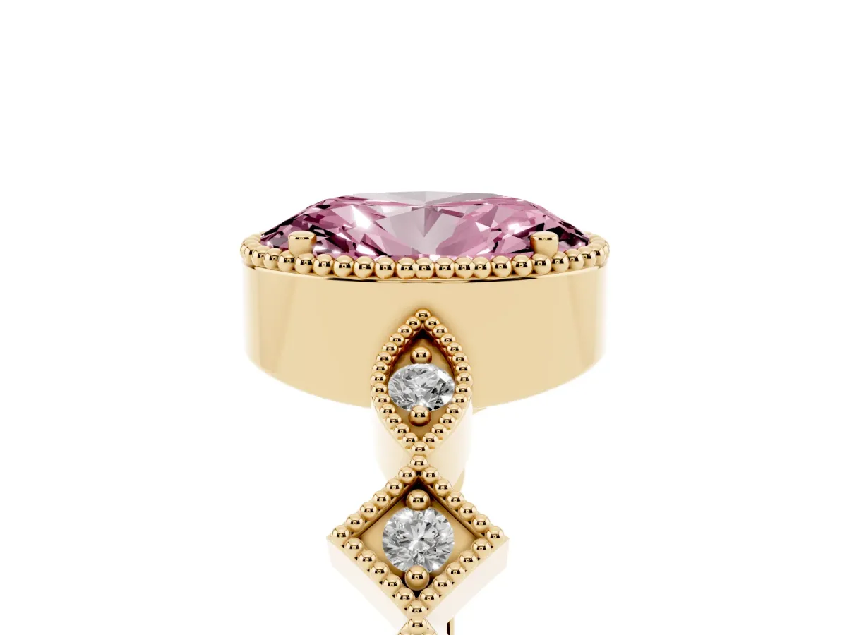 Fancy Pink Oval Cut Milgrain Marquise Diamond Twist Band Ring Yellow gold