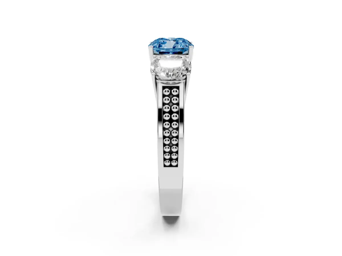 Fancy Blue Cushion Cut Diamond Three-Stone Ring with Prong Setting and Textured Band Platinum