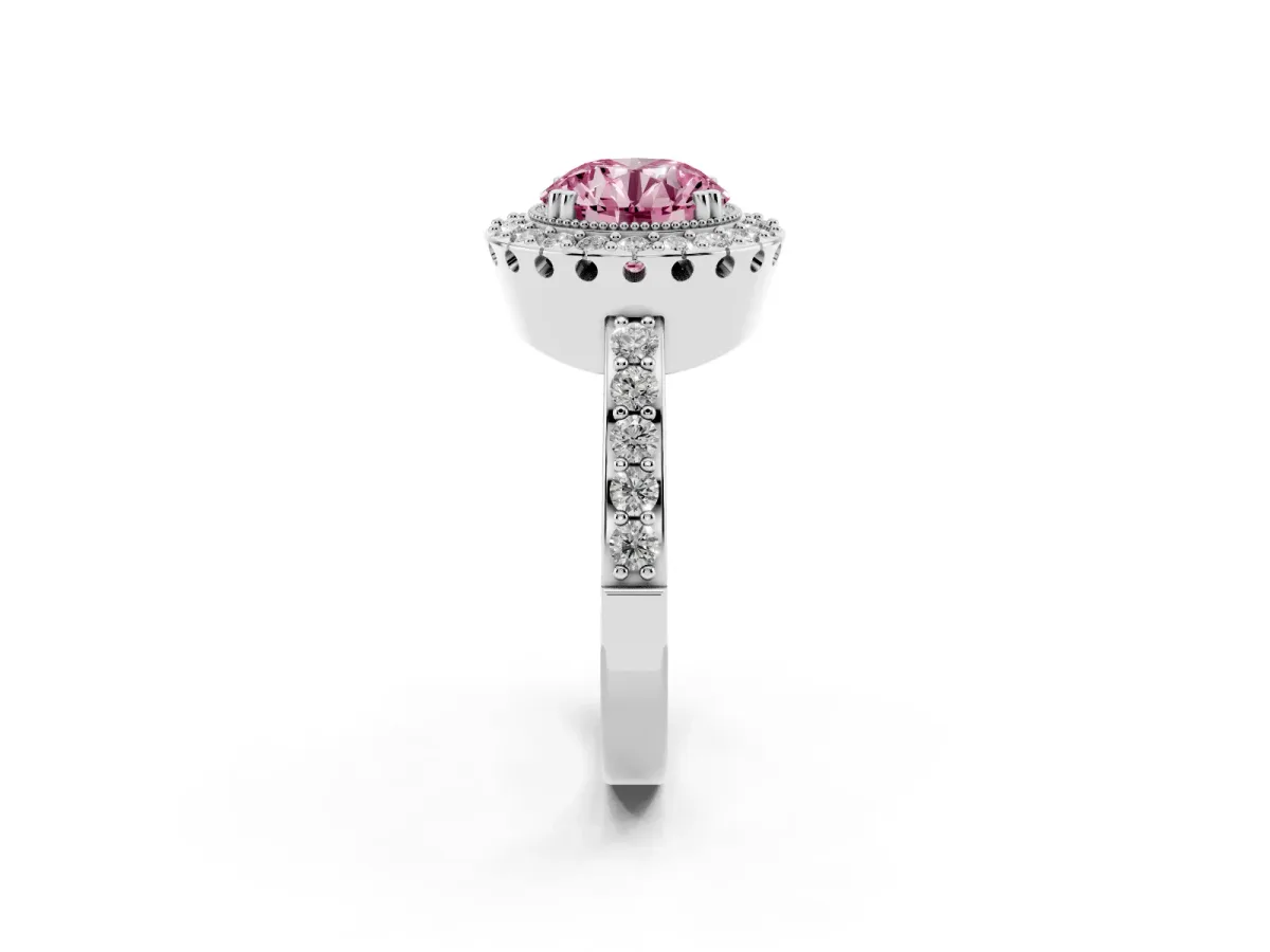 Fancy Pink Round Cut Diamond Halo Ring with Pavé Band and Prong Setting Silver