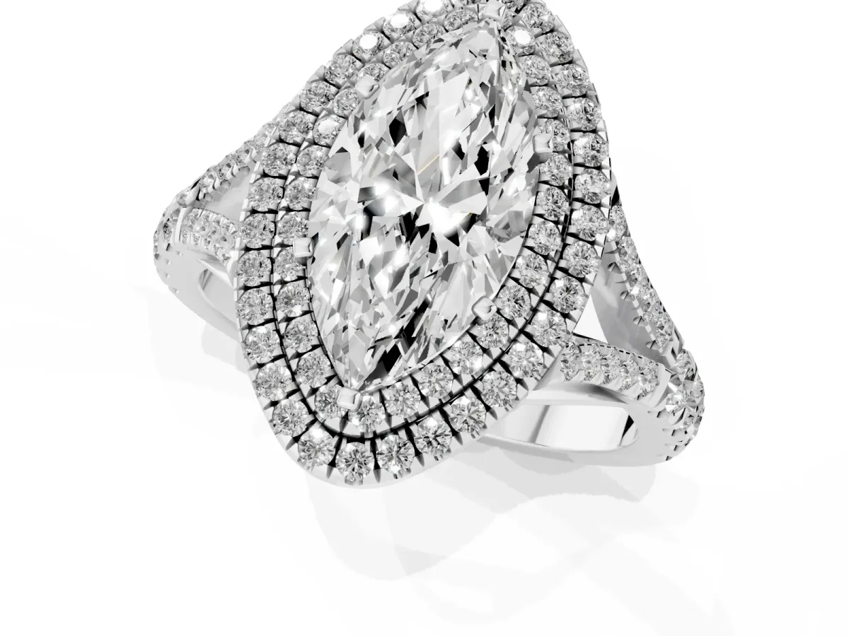Marquise Cut Diamond Pavé Split Shank Double Halo Engagement Ring Silver