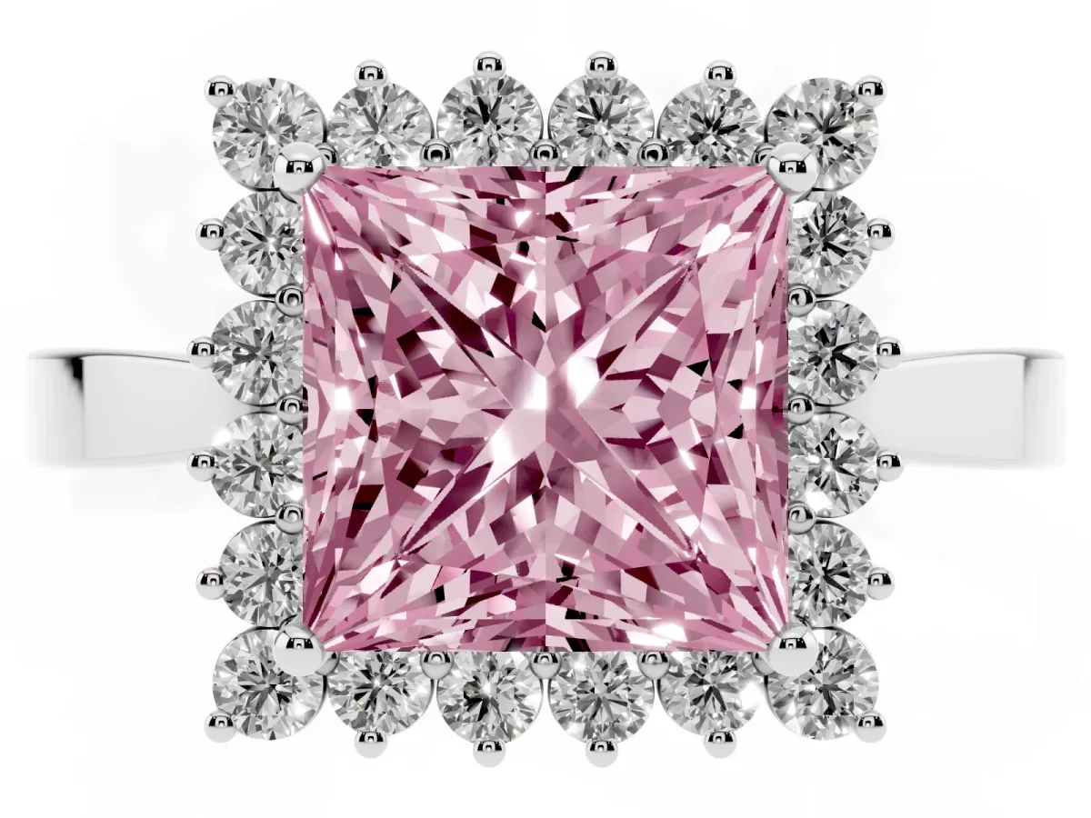 Fancy Pink Princess Cut Cut Diamond Halo Ring with Round Brilliant Halo and Solitaire Band Platinum