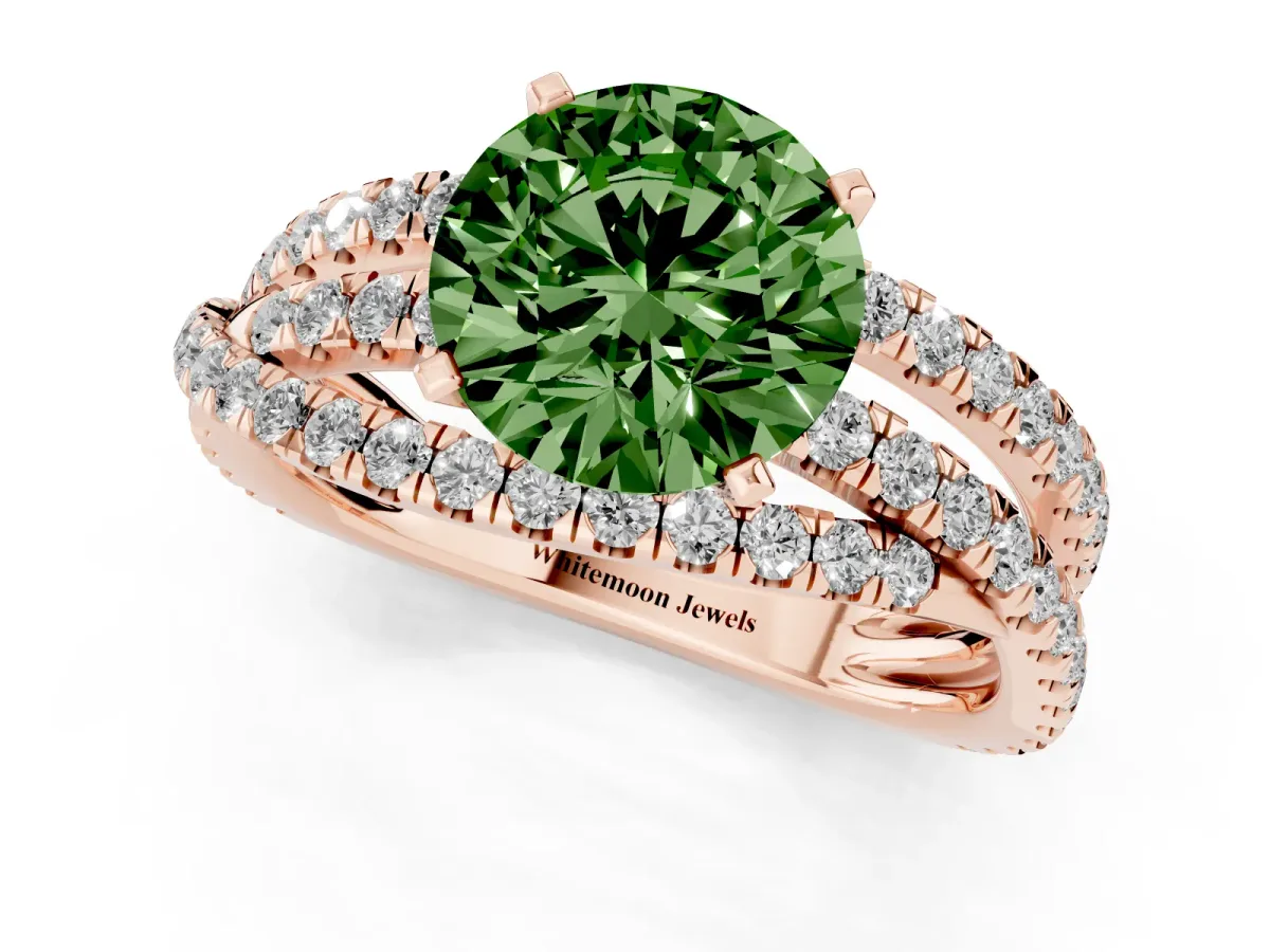 Fancy Green Round Cut Solitaire Twist Band with Pavé Setting and Four-Prong Setting Rose gold
