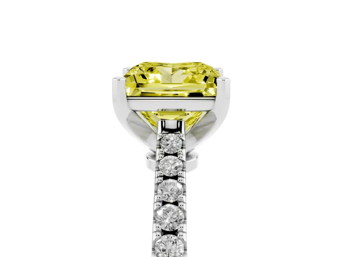 Fancy Yellow Princess Cut Cut Solitaire Diamond Engagement Ring with Pave Band and Four-Prong Setting Silver