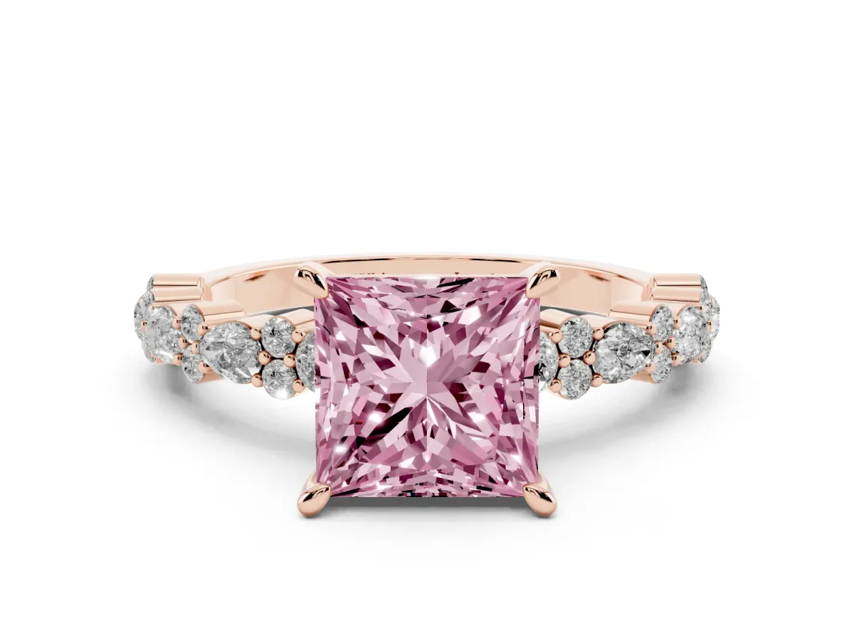 Fancy Pink Princess Cut Diamond Side Stone Solitaire Ring with Round and Four-Prong Setting Rose gold