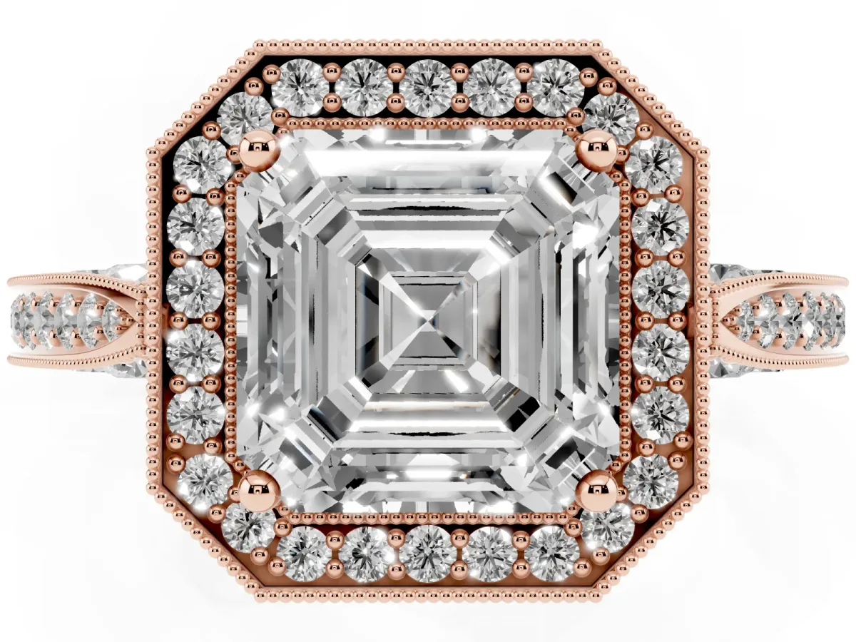 Asscher Cut Halo Diamond Engagement Ring with Split Shank Band and Four-Prong Setting Rose gold