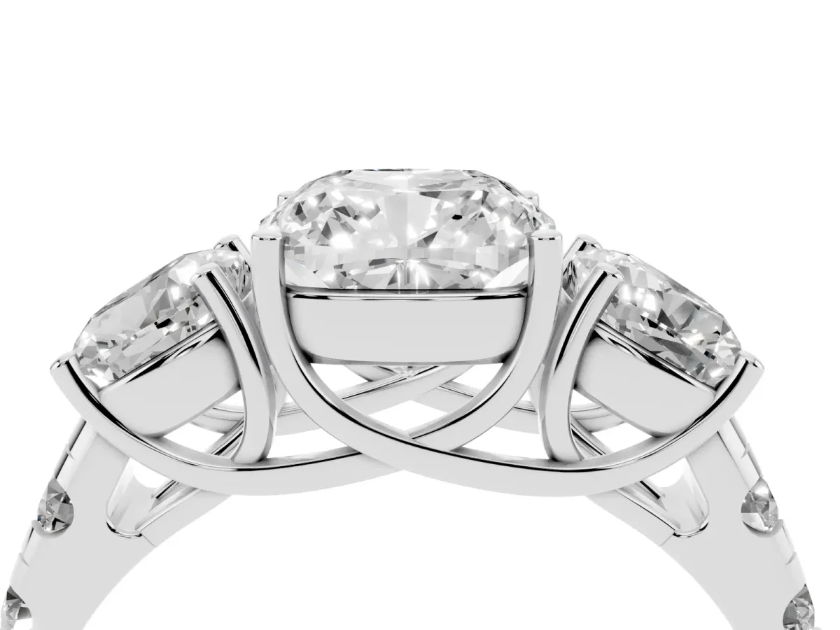 Three-Stone Cushion Cut Diamond Pavé Band with Prong Setting Platinum
