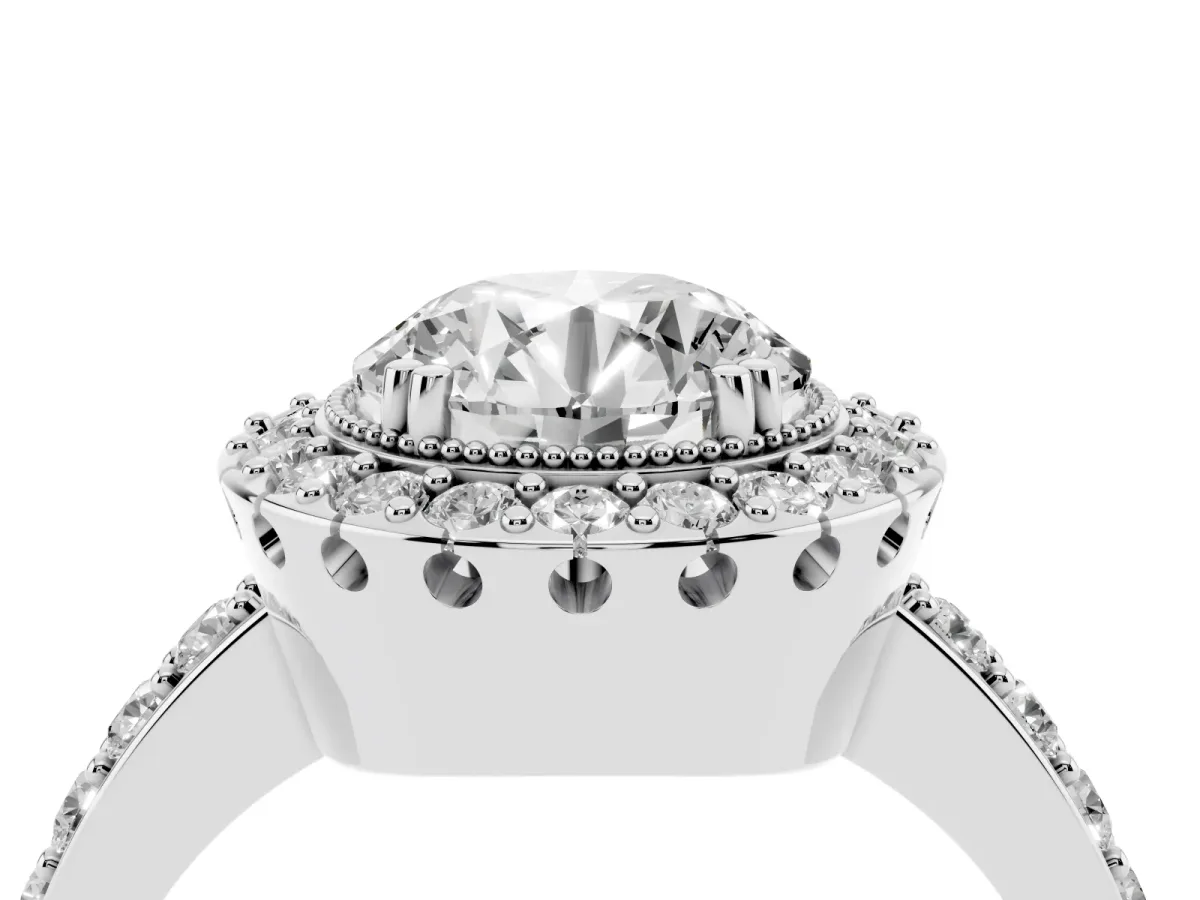 Round Cut Diamond Halo Ring with Pavé Band and Prong Setting Silver