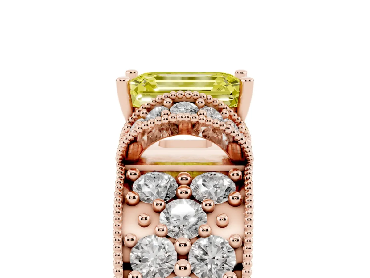 Fancy Yellow Emerald Cut Halo Pave Diamond Engagement Ring with Milgrain Detailing Rose gold