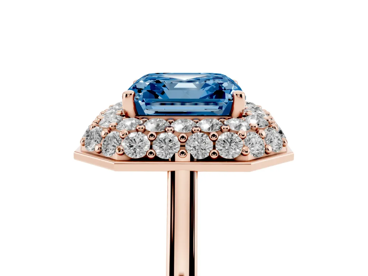 Fancy Blue Asscher Cut Halo Diamond Engagement Ring with Solitaire Band and Four-Prong Setting Rose gold