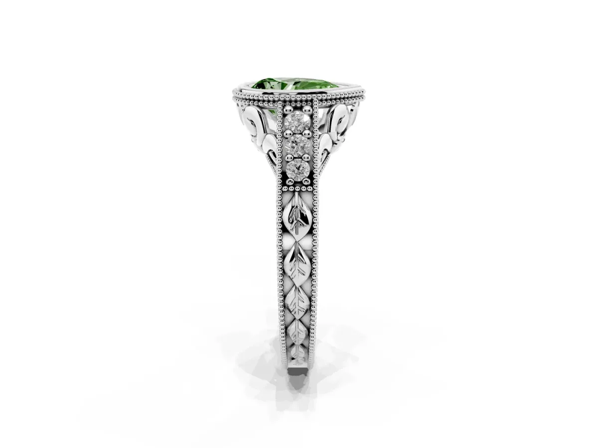 Fancy Green Bezel Set Pear Cut Diamond Milgrain Pave Engagement Ring Platinum