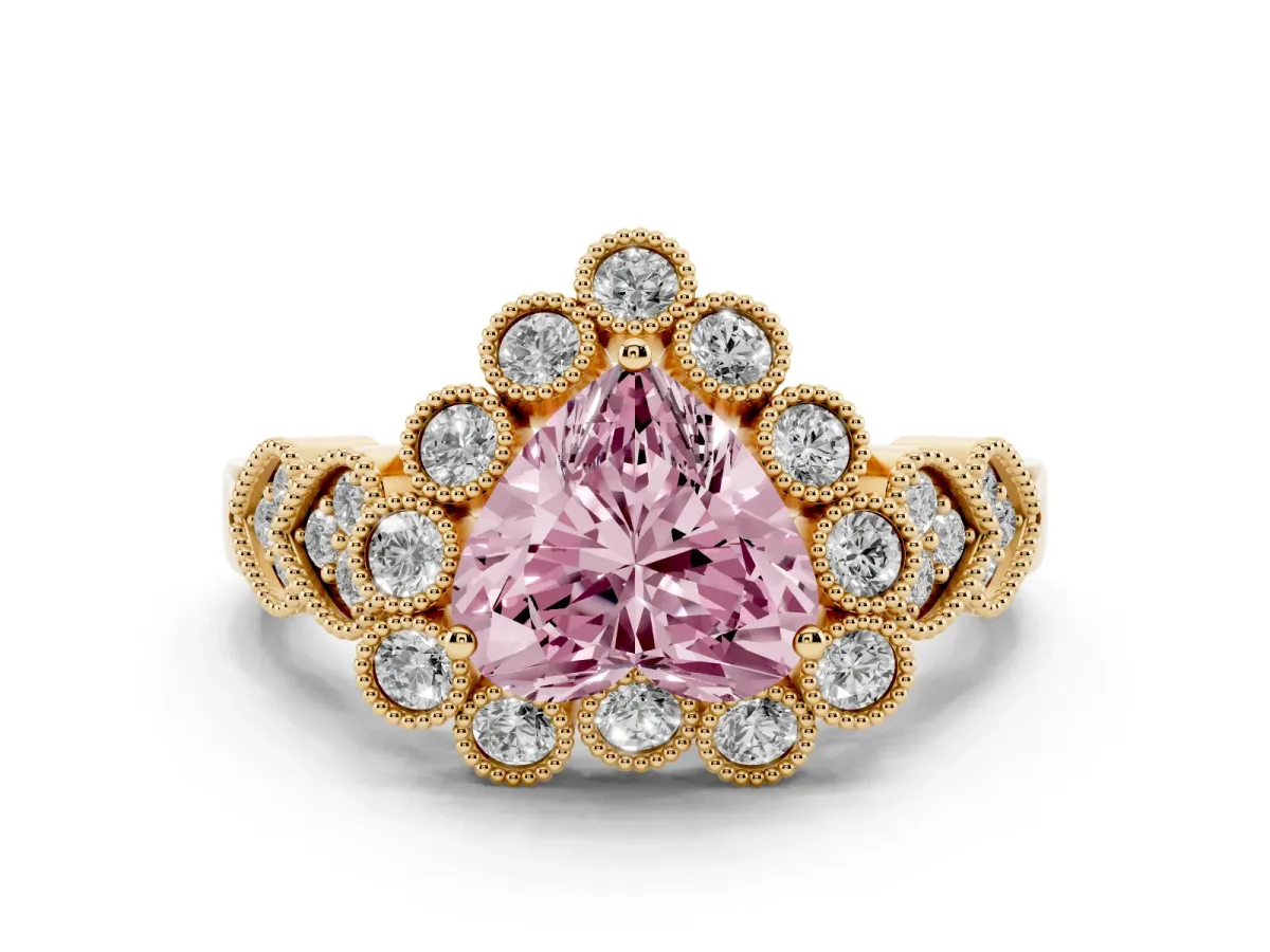 Fancy Pink Heart Cut Brilliant Milgrain Pave Heart Band Solitaire Ring Yellow gold