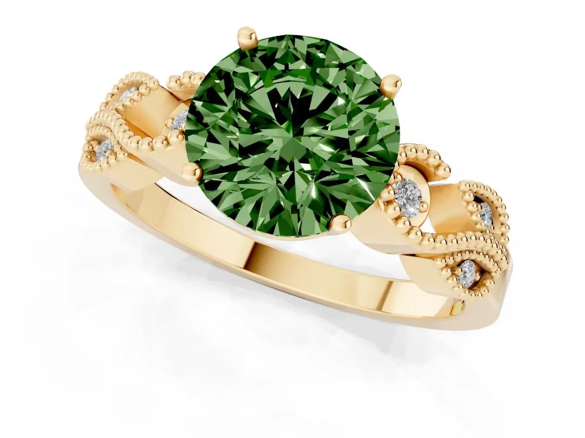 Fancy Green Round Cut Solitaire Milgrain Leaf Band with Prong Setting Yellow gold
