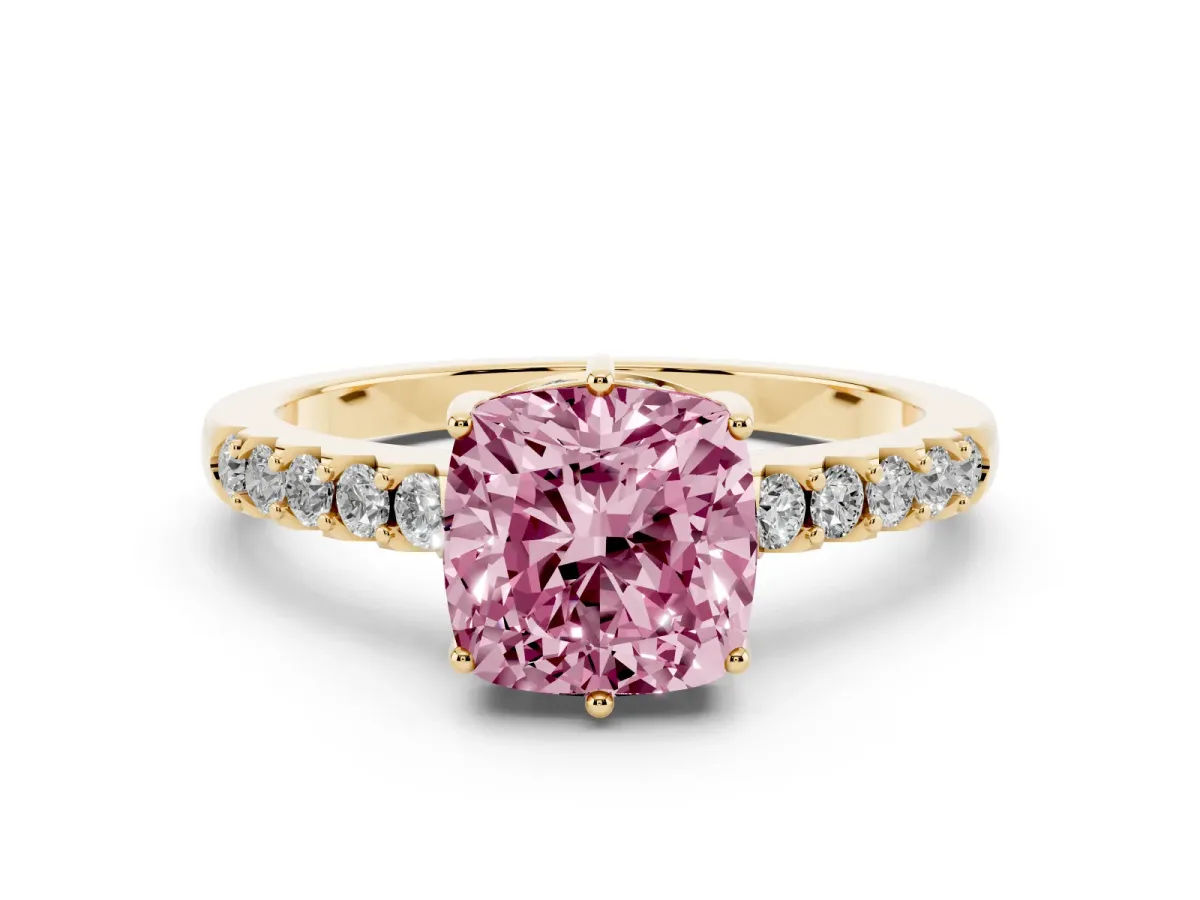 Fancy Pink Cushion Cut Solitaire Diamond Engagement Ring with Pavé Band and Six-Prong Setting Yellow gold