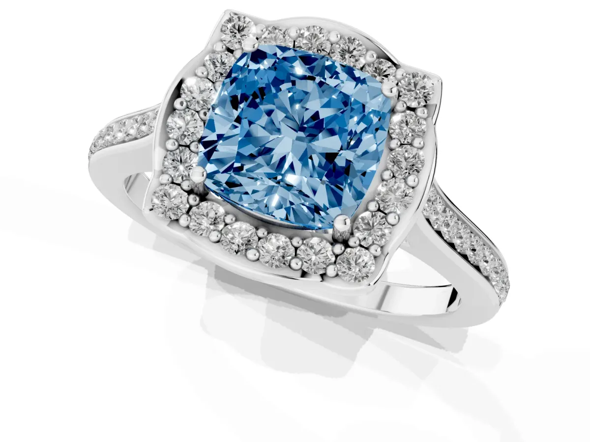 Fancy Blue Cushion Cut Halo Round Diamond Pave Band with Four-Prong Setting Platinum