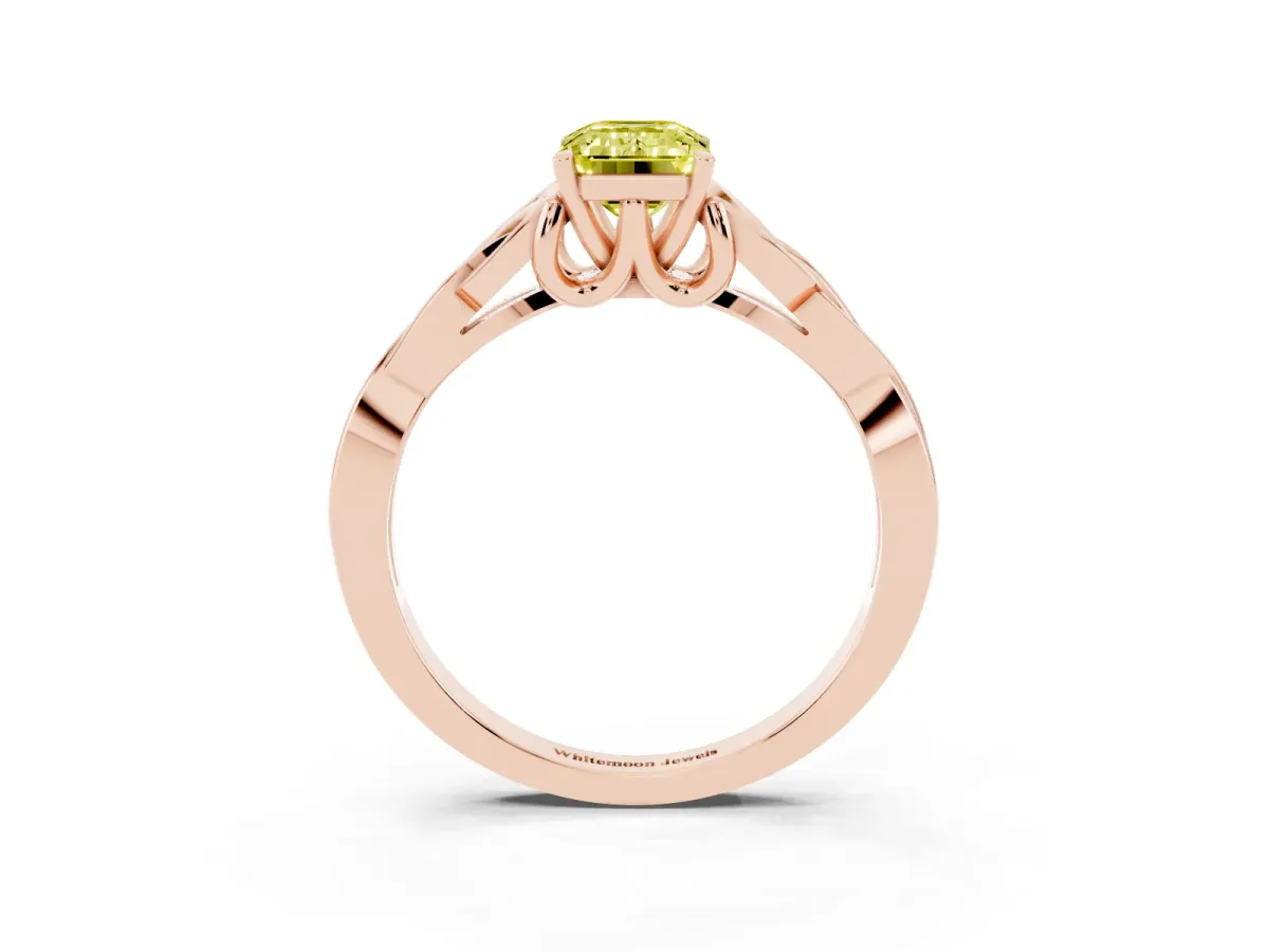 Fancy Yellow Emerald Cut Diamond Solitaire Engagement Ring with Celtic Knot Band and Four-Prong Setting Rose gold
