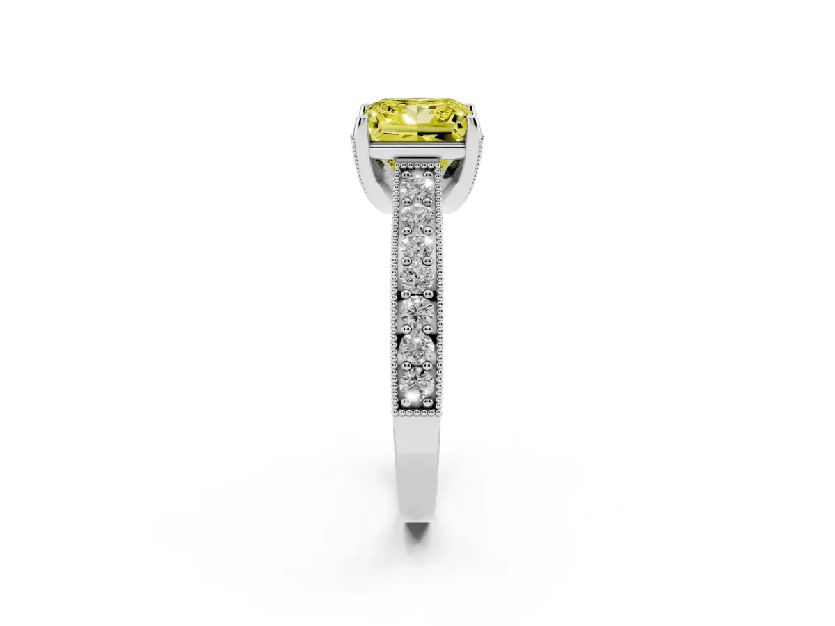 Fancy Yellow Princess Cut Cut Diamond Solitaire Ring with Milgrain Pave Band and Four Prong Setting Silver