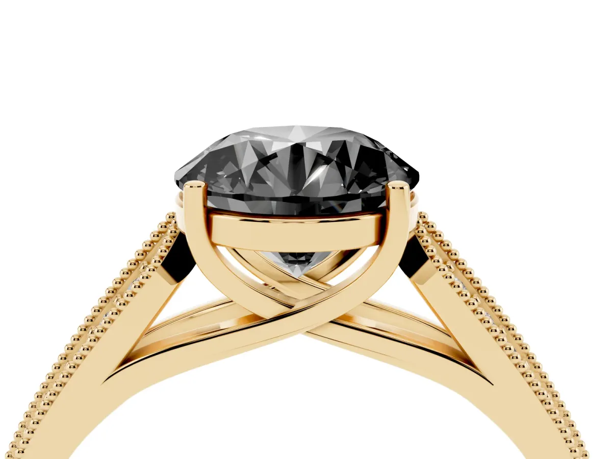 Fancy Black Round Cut Cut Pave Split Shank Engagement Ring with Four-Prong Setting Yellow gold