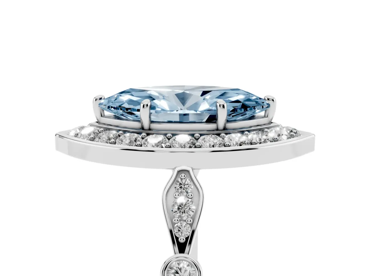 Fancy Blue Marquise Cut Halo Diamond Engagement Ring with Twisted Band and Four-Prong Setting White gold
