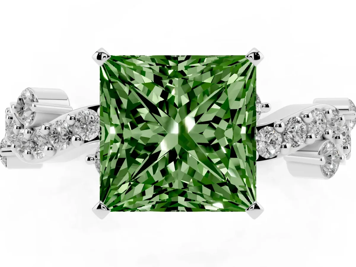Fancy Green Princess Cut Cut Solitaire Diamond Twisted Band with Pave Setting Platinum
