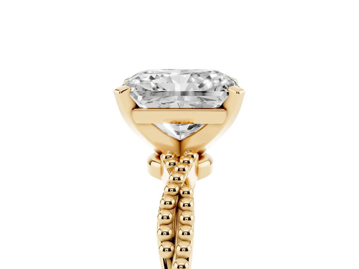 Radiant Cut Solitaire Twisted Band with Bead Prong Setting Yellow gold